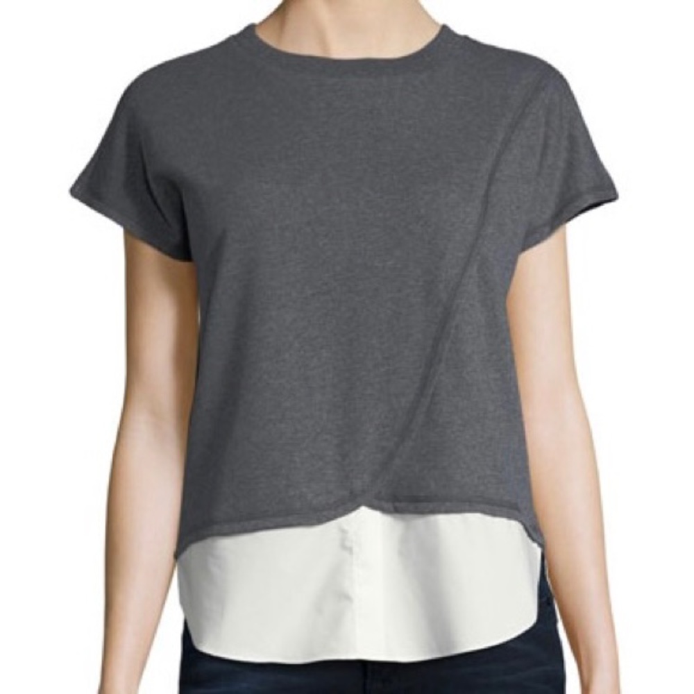 Derek Lam 10 Crosby Gray White Cap Sleeve Attached Blouse Rounded Trim Boxy XS